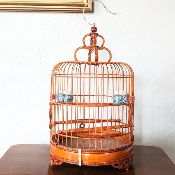 Other - Vintage Birdcage Round Carved Bamboo Wooden Bird Cage Wood Hang or Tabletop Asia